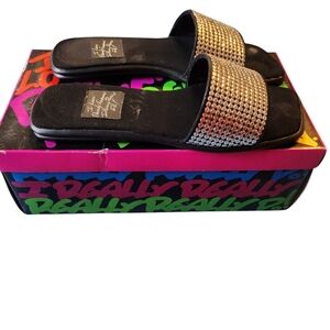 Vintage Beverly Feldman Twinkle Silver Black Rubber Slides Size 8M